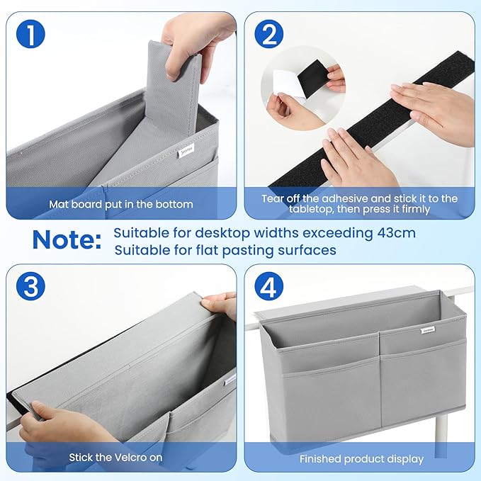 Desk Side Hanging Organizer, Adhesive Storage Bag with Pockets for Magazine Ipad Notebook, for End Tables Home Office Desks Computer Workstations Dressing Table, Grey - Image 3