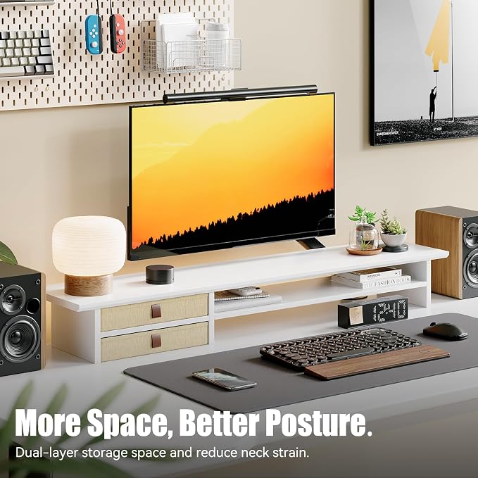 FENSULN Dual‑Tier Monitor Stand Riser with Drawers, Desktop Organizer Shelf Storage for Computer Screen 2 Monitors, Supports for PC Computer Monitor, Printer, Heavy TV Riser White - Image 2