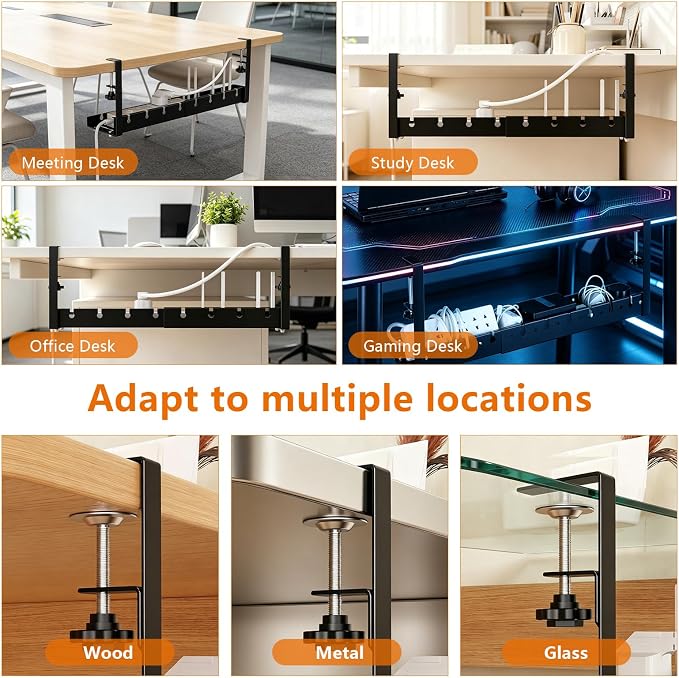 Under Desk Cable Tray, Clamp-On, 12-21.6in Expandable Metal Wire Organizer | drill-free quick installation, 22lbs load bearing, ventilated bottom, fits motorized standing desks, tidies messy wiring - Image 7