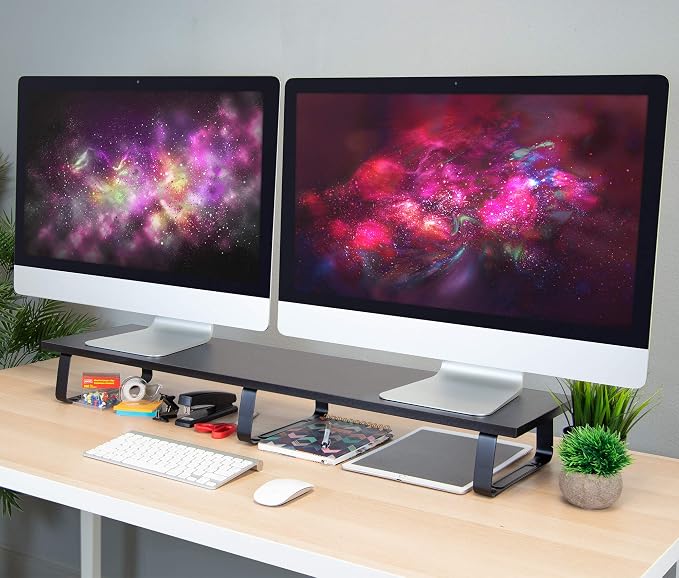 Mount-It! 39" Extra Long Dual Monitor Stand Riser – Ergonomic Desk Organizer for 2 Monitors, Laptop, TV, or Printer – Heavy-Duty Steel & Wood Desktop Shelf with Storage – Supports 44 Lbs – Black - Image 6