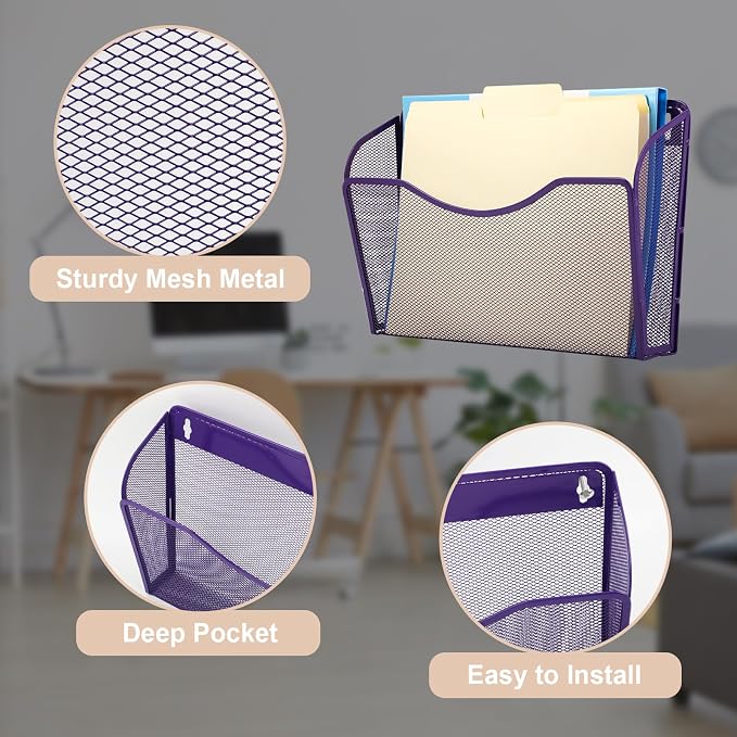3 Single Pocket Mesh Hanging File Organizer, Vertical Wall Mounted Magazine File Holder, Mount Basket Mail Paper Document Folder Organizing for Office, Home and School, Purple - Image 3