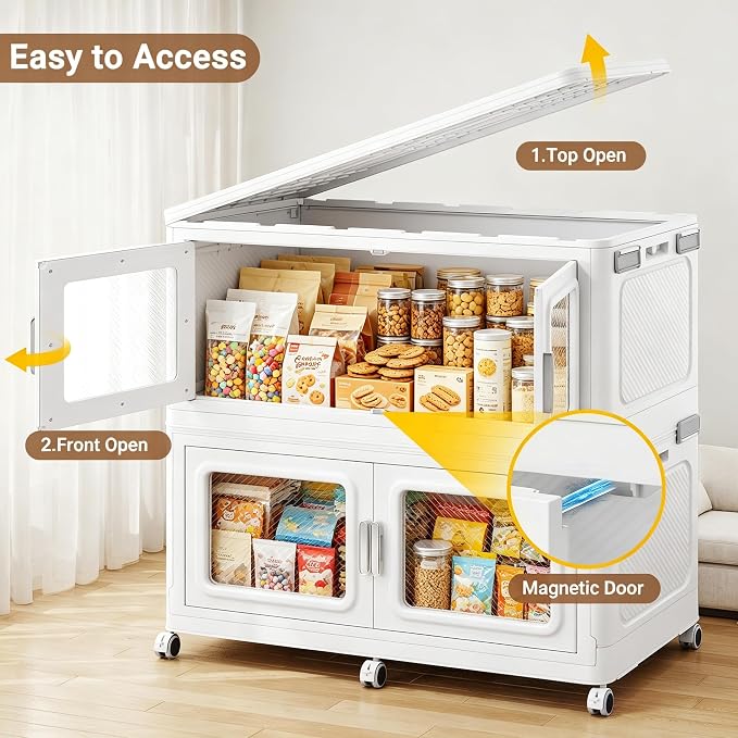BROVIEW 900 Qt/225 Gal Stackable Storage Bins with Lids, 3 Pack, White | Large Stackable Storage Boxes w/ 1 Lid Folding Plastic Cart Organizer for Home Kitchen, Open Front Clear Door with Wheels - Image 6