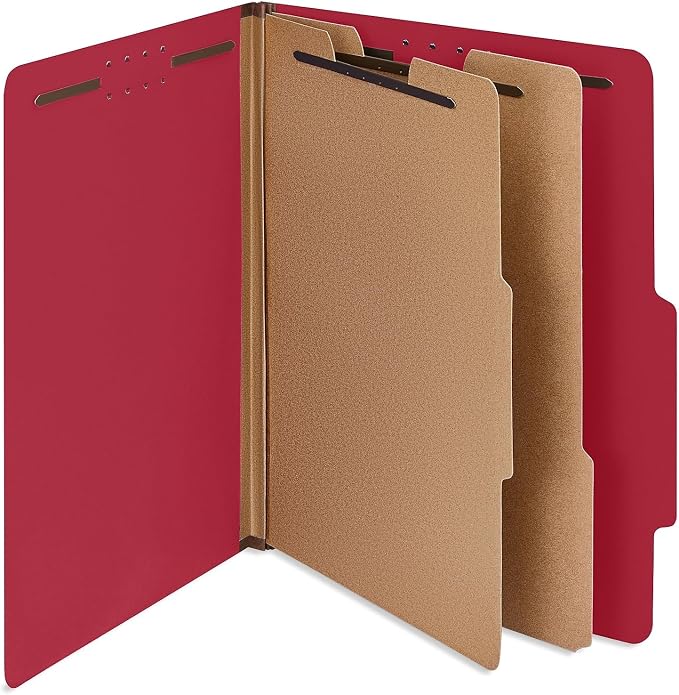 Staples 100% Recycled Heavy‑Duty Classification Folder, Letter Size, 2 Dividers, 2″ Expansion, Bright Red Pressboard, 10/Box by Staples