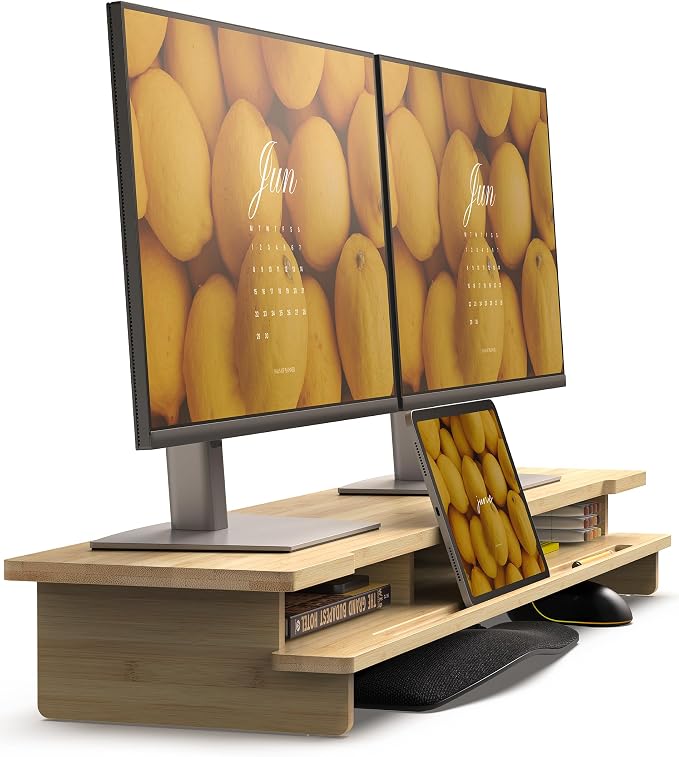 42.5” Dual Monitor Stand with Phone & Tablet Holder Desk Shelf | Bamboo monitor Riser for 55-72 inch Desk Cozy Computer Setup Workplace Organizer Keyboard Storage Ergonomic by WELLWENG