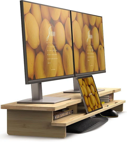 42.5” Dual Monitor Stand with Phone & Tablet Holder Desk Shelf | Bamboo monitor Riser for 55-72 inch Desk Cozy Computer Setup Workplace Organizer Keyboard Storage Ergonomic by WELLWENG