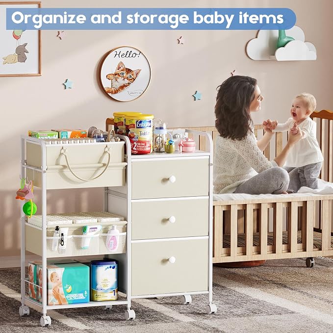 Cidaziya 2In1 Baby Diaper Caddy Organizers and Storage, 3 Tier Rolling Cart with Dividers and Drawers, Mobile Utility Cart Baby Dresser Clothes Organizer for Changing Table, Crib Nursery, Bedroom - Image 3