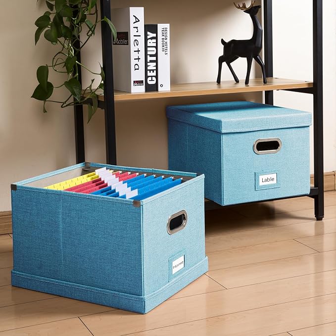 File Organizer Box - Set of 1 Collapsible Decorative Linen Filing Storage Hanging File Folders with Lids Office Cabinet Letter/Legal Blue (17x14x11.2 inch) - Image 3
