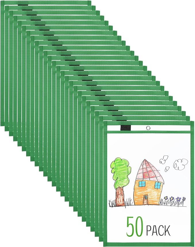 Nezyo Dry Erase Pockets Plastic Job Ticket Holders Shop Holder Order Pockets Clear Sleeves Tickets Folders Plastic Sleeves Paper Teacher Supplies for Classroom(14 x 10 in,Green,50 Pcs) by Nezyo