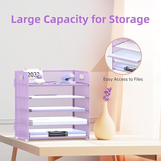 2 Pack 5-Tier Purple Desk Organizer with Handle Mesh Desk File/Paper Organizer Letter Tray for Office, School and Home Easy Installation Purple Office Supplies - Image 4