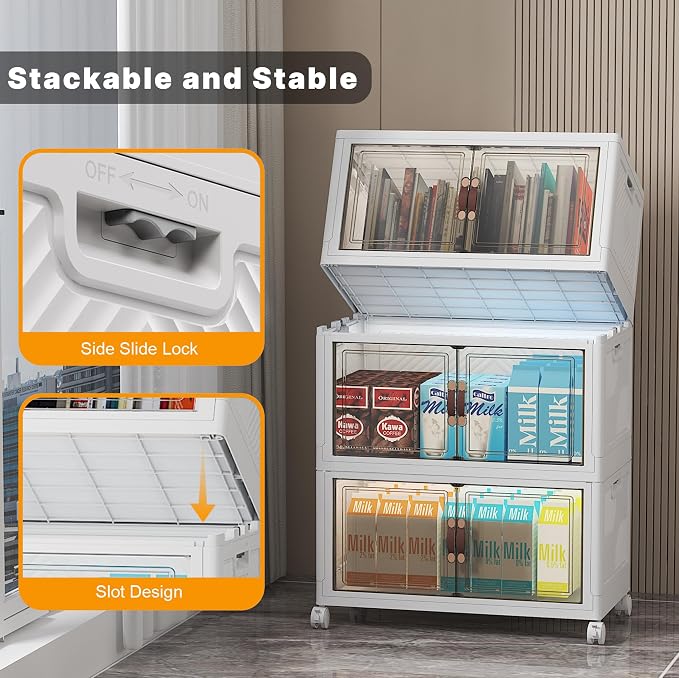 Stackable Storage Bins with Lid, 156QT Plastic Cabinet with Wheels | Large Capacity, Magnetic Door, Stack Lock, Rolling Wheels, Foldable Design, Organizers and Storage for Bedroom Dorm Garage - Image 5