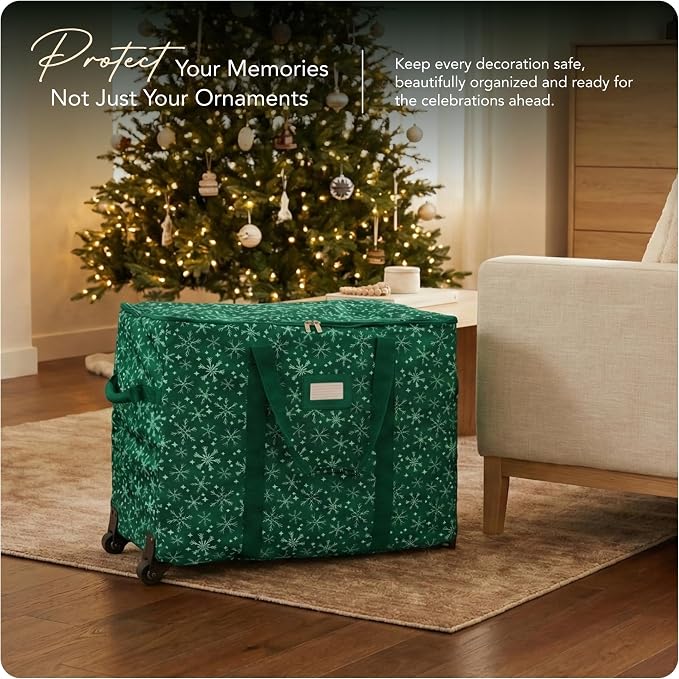 Covermates Keepsakes Rolling Adjustable Ornament Storage Bag – Heavy-Duty Polyester, FlexGrid Trays & Padded Dividers – Protective Holiday Organizer with Wheels, Handles & ID Window, Green Snowflake - Image 2