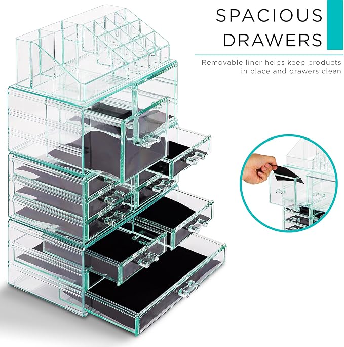 Sorbus Large Makeup Organizer - Clear Stackable Jewelry & Makeup Organizer For Vanity, Bathroom Storage, Dresser - 12 Drawers Cosmetic Beauty Organizers and Storage with Lipstick, Makeup Brush Holder - Image 5