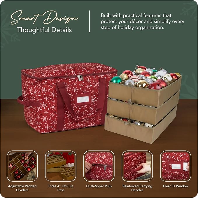 Covermates Keepsakes Adjustable Ornament Storage Bag – Heavy-Duty Polyester, Padded Dividers & FlexGrid Trays – Protective Holiday Ornament Organizer with Handles & Label Window, Red Snowflake - Image 4