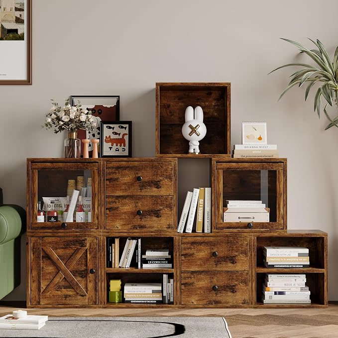 FUSUNBAO Magic DIY Cube Storage Organizer Stackable Cubes for Home Books Clothes Toy-Modular Cubby Storage System-Office Cubical-Bookcase Closet(Antique Brown, Glass Door Cube) - Image 6