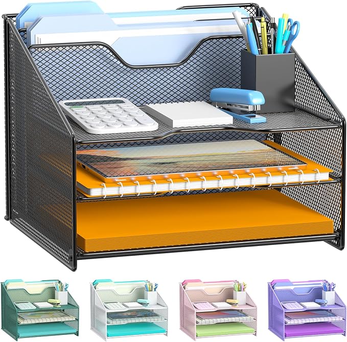 Samstar Desk File Organizer, Mesh Letter File Folder Holder with 3 Paper Trays and 2 Vertical Upright Section, for Office Supplies,Desk Accessories & Workspace,Black. by Samstar