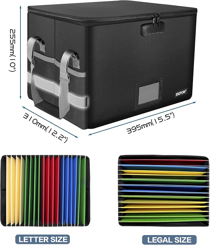 ENGPOW File Box with Lock, Fireproof Document Box with Pockets, Collapsible File Organizer Filing Storage Cabinet with Handle, Portable Home Office Safe for Hanging Letter/Legal Folders,Black,2 Pack - Image 5