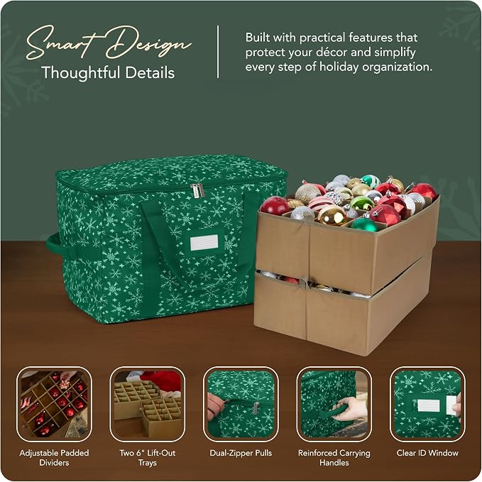Covermates Keepsakes Adjustable Ornament Storage Bag – Heavy-Duty Polyester, Padded Dividers & FlexGrid Trays – Protective Holiday Ornament Organizer with Handles & Label Window, Green Snowflake - Image 4