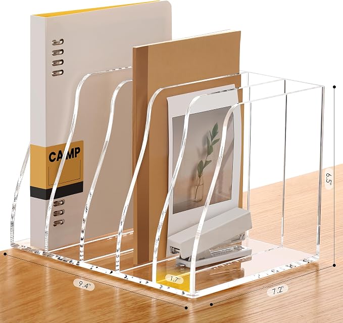 Acrylic Magazine File Holder - 5 Vertical Compartments Clear Desk Document Sorter Organizer, No Assembly 5mm Thick Folder Rack Binder for Office Home Classroom, Holds Books, Planners & Greeting Cards - Image 6