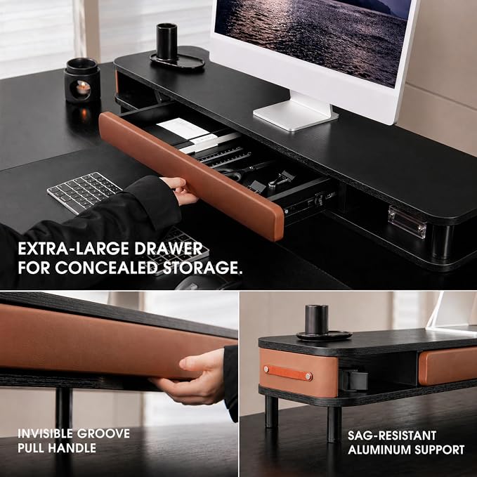Fenge Dual Monitor Stand with Large Storage Drawer, 42.5" Dsek Shelf, Black | Slide-Out Drawer with Soft Touch Leather, Ergonomic Monitor Riser, Aluminum leg, 2-Tier Desk Organizer for Laptop, TV, PC - Image 4