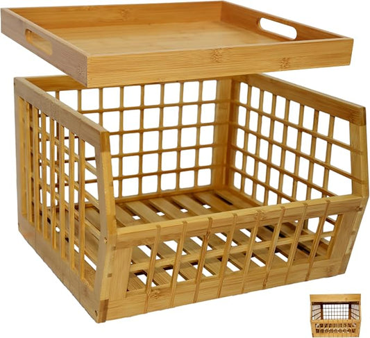 Bamboo Stackable, Open Front, Medium Storage Bins with Serving Tray Lid by altCooking+Hub