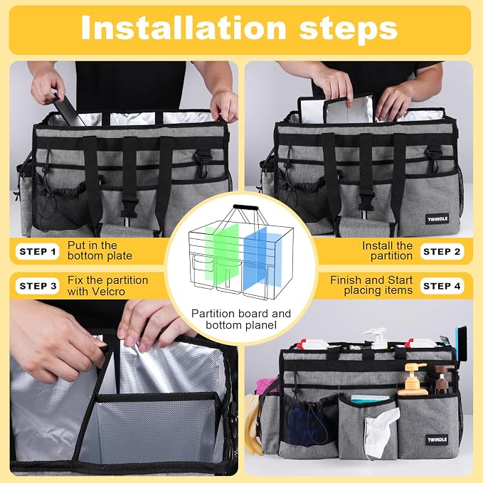 Extra Large Cleaning Caddy Bag with Rigid Support Board, Cleaning Organizer Tote with Detachable Divider, Adjustable Shoulder Strap & Waist Belt, Cleaning Supply Carrier for Cleaners & Housekeepers - Image 5