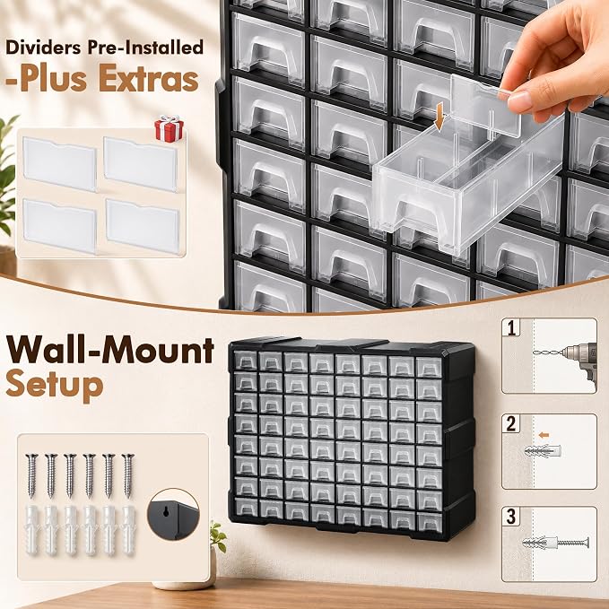 64-Drawer Organizer for Garage Building Bricks Storage, Drawer Storage Cabinet with Dividers and Labels for Hardware,Screws,Nuts Bolts, Garage Tools,Charms,Beads,Craft,Scrapbook - Image 6