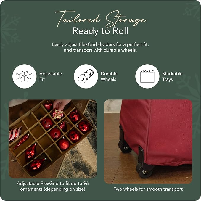 Covermates Keepsakes Rolling Adjustable Ornament Storage Bag – Heavy-Duty Polyester, FlexGrid Trays & Padded Dividers – Protective Holiday Organizer with Wheels, Handles & ID Window, Red - Image 5