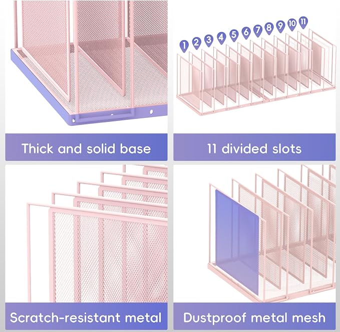 File Organizer for Desk, 11-Section Vertical File Sorter, Paper Holder Organizer Standing Metal File Folder for Office Home Classroom, Pink - Image 6