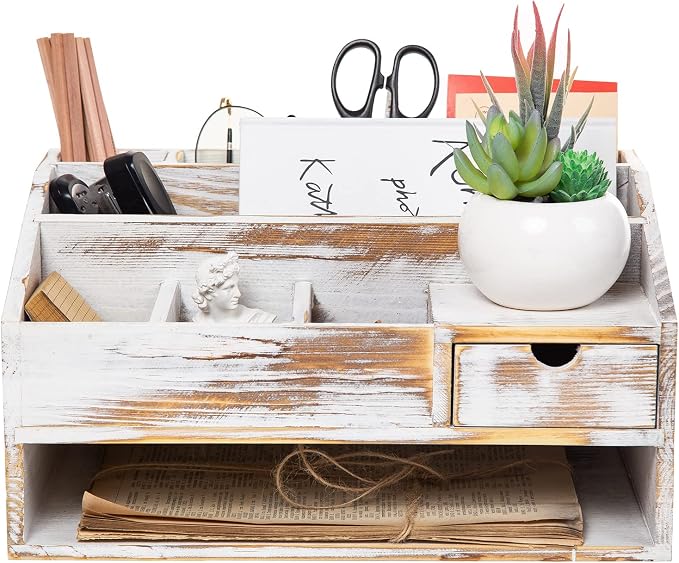 Wood Desk Drawer Organizers with File Organizer Pen holder Office Decor combo Organization Home Can Arrange calculators scissors pens note papers, etc. (washed white) by VERGOODR