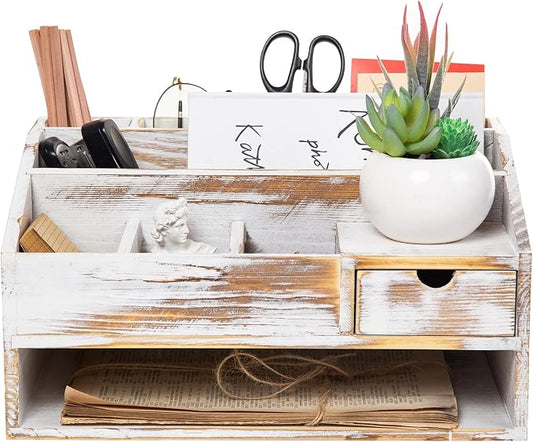 Wood Desk Drawer Organizers with File Organizer Pen holder Office Decor combo Organization Home Can Arrange calculators scissors pens note papers, etc. (washed white) by VERGOODR