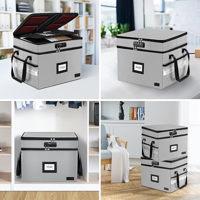 Fireproof File Oganizer with Lock, 2 Layer Fireproof Document Box Storage | Portable File Cabinet Storage Box with 5 Tab Inserts & Handle for Hanging Letter, Legal Size Folder, Certificate - Image 6