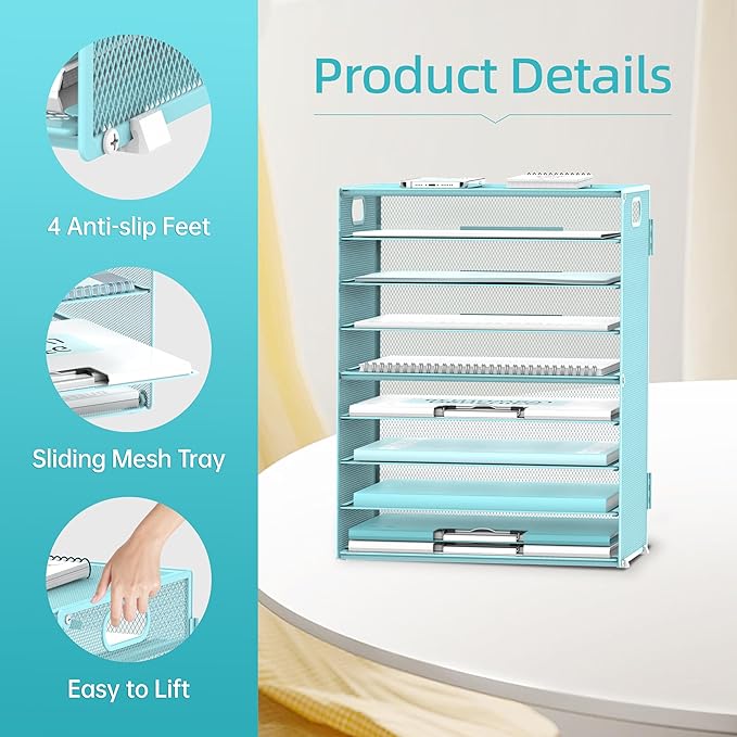 9-Tier Paper Organizer for Desk, Letter Tray with Handles, Blue, 2 Pack | Desk File Organizer with Removable Trays for Sorting Files, Folders, Mail and Printer Paper at Home, School or Office - Image 5