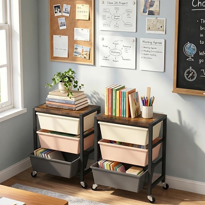 Rolling Cart with 3 Drawers, Plastic Drawer Storage Carts with Lockable Wheels & Wooden Tabletop, Metal Art Craft Utility Cart Organizer for Home Office Bedroom Dorm Bedside Classroom, Dark Brown - Image 2