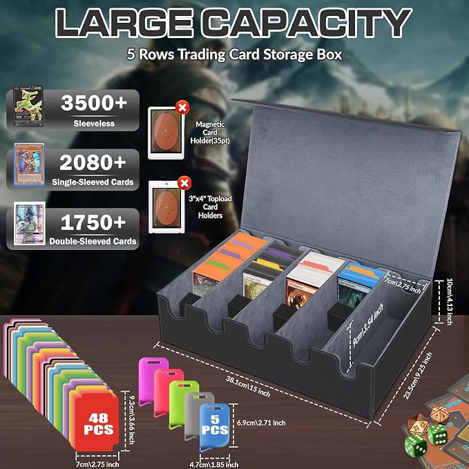 AOBOPLE 3500+ Trading Card Storage Box,Vertical 5-Row and Magnetic Card Box | PU leather Card Storage,48 Dividers + 10 Card Supports, Card Organizer For MTG TCG Commander,Gift For Collectors - Image 2