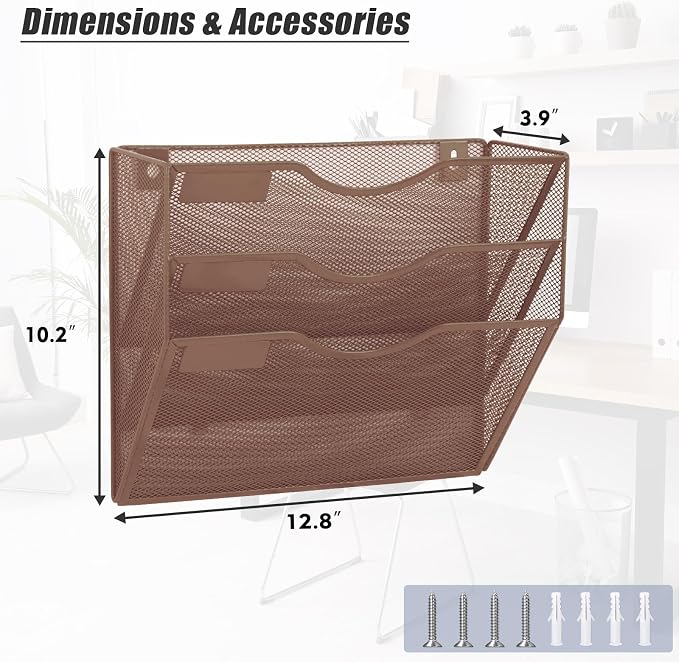 3 Pocket Mesh Hanging Wall File Organizer, Wall Mounted Mail Paper Document Folder Holder, Clipboard Storage Organization Magazine Rack with Nametag Label for Office Home School, Brown - Image 2