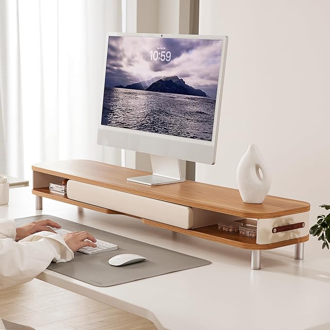 Fenge Dual Monitor Stand with Large Storage Drawer, 42.5" Dsek Shelf, Oak | Slide-Out Drawer with Soft Touch Leather, Ergonomic Monitor Riser, Aluminum leg, 2-Tier Desk Organizer for Laptop, TV, PC - Image 2