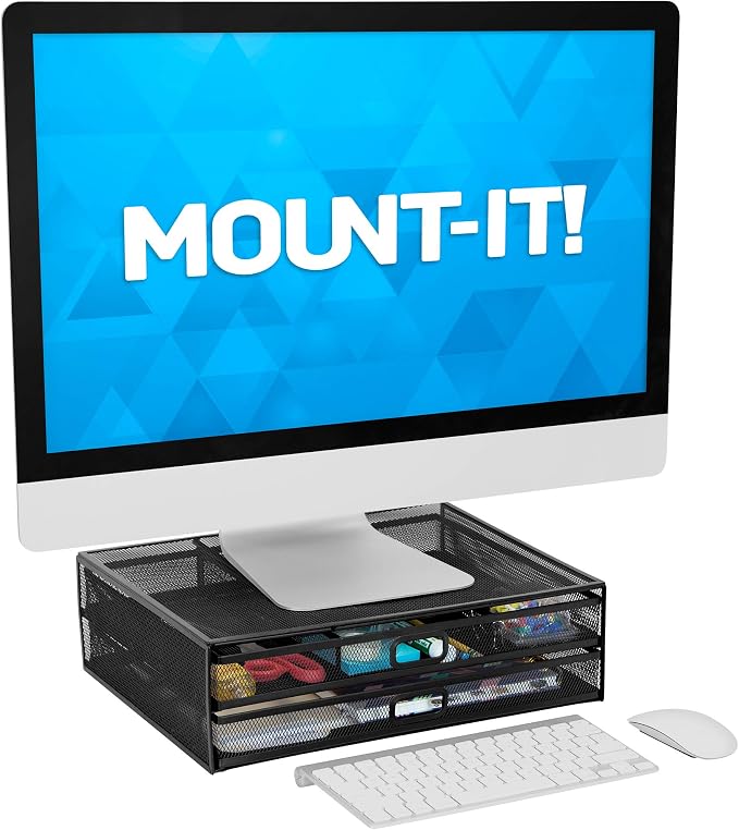 MOUNT-IT! Computer Monitor Stand With Drawers, Metal Mesh Riser and Organizer for Laptops and Computer Screens, Laptop, and Printer Accessories and Office Supplies (Black) - Image 6