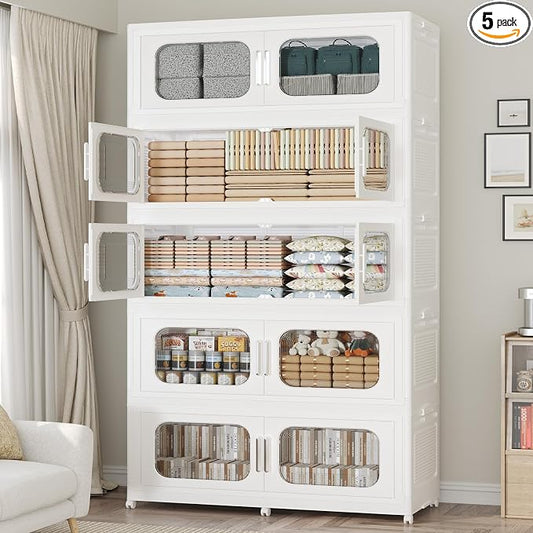 250Gal Exra Large Stackable Storage Bins with Lid, 1000QT Collapsible Storage Box with 6x Wheels, Folding Plastic Cabinet Container with Door Drawer for Home Kitchen Office Dorm, 5Pack White by KUYIGAME