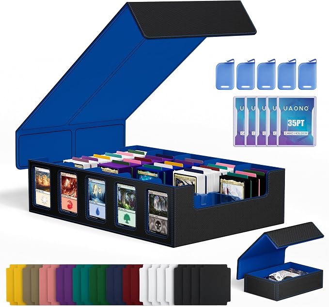 UAONO 5-Row Trading Card Storage Box with Commander Display, Black Blue | 3900+ Card Box with Removable Cover, Card Case Fits MTG TCG Sports Cards, 48 Dividers, 5 Stoppers, 5 Top Loaders, Dice Box by UAONO