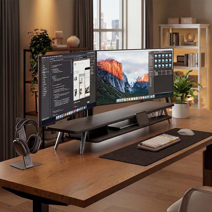 Fenge Dual Monitor Stand Riser, Wooden Desk Shelf with 2-Tier Storage | 47.2-Inch Extra Wide, Sturdy Aluminum Legs, Built-In Phone & Tablet Slot, Desktop Organizer for Office Accessories - Image 9