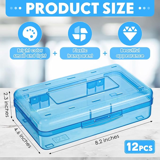 Leelosp 12 Pack Clear Pencil Boxes for School Bulk, Large Plastic Pencil Case with Lid, Stackable Hard Crayon Storage Box for Classroom Kids, Desk Drawer Organizer for Office Home(Blue) - Image 2