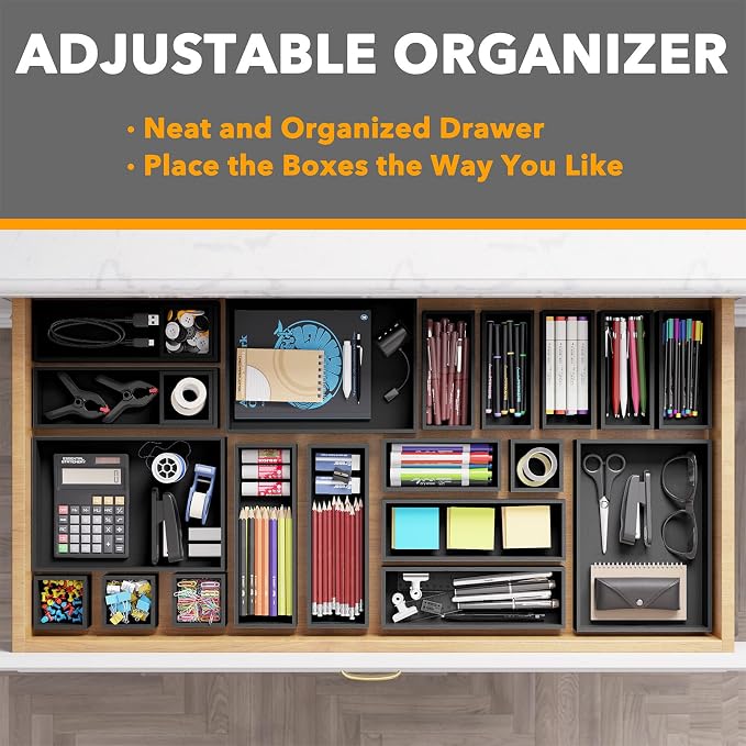 SpaceAid 21-Piece Bamboo Drawer Organizer Storage Boxes Set, Wood Tray Junk Drawer Organizers Multi-Use Divider Bins for Kitchen, Bathroom, Office Desk and Makeup Organization (21 Pack, Black) - Image 5
