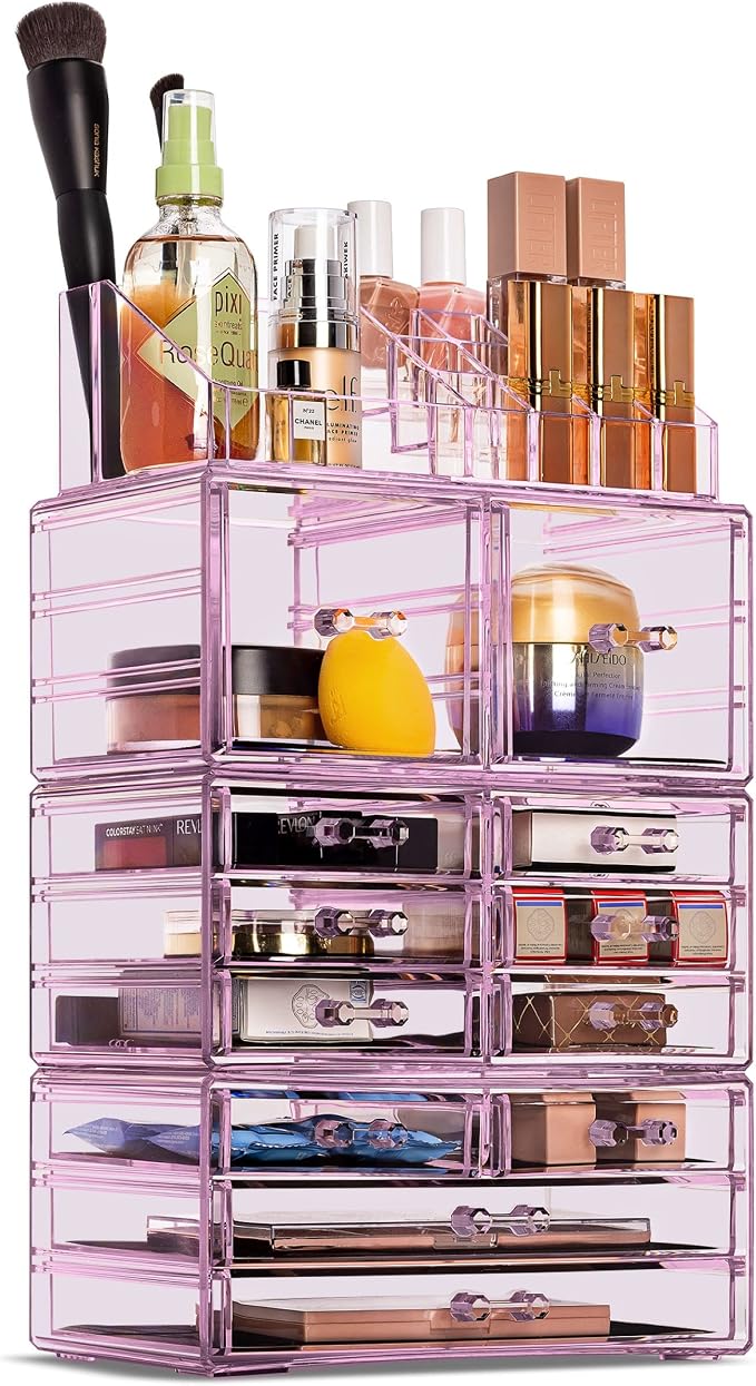 Sorbus Large Makeup Organizer - Clear Stackable Jewelry & Makeup Organizer For Vanity, Bathroom Storage, Dresser - 12 Drawers Cosmetic Beauty Organizers and Storage with Lipstick, Makeup Brush Holder - Image 7