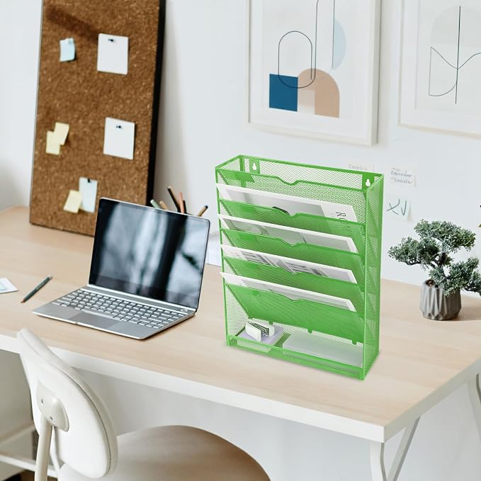 6 Tier Mesh Hanging Wall File Organizer, Desk Vertical Mail Paper Document Folder Holder Rack with Bottom Tray and Nametag Label for Office Home School, Green - Image 7