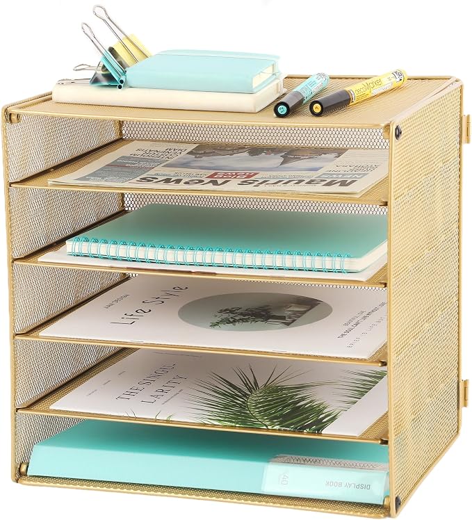 5 Slot Mesh Desk Organizer Tray, File Paper Letter Folder Holder Desktop Paper Sorter Mail Organization Rack Storage Accessories, for Office Home School Classroom, Gold by EASEPRES
