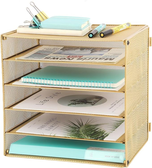 5 Slot Mesh Desk Organizer Tray, File Paper Letter Folder Holder Desktop Paper Sorter Mail Organization Rack Storage Accessories, for Office Home School Classroom, Gold by EASEPRES