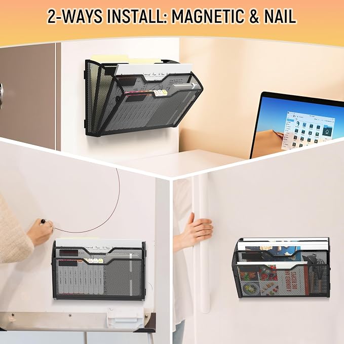 Docnest 3 Pack 3 Tier Dual-Mount Magnetic Mesh File Holders, Wall Organizer | Mount magnets or screws. 2-in-1 hanging mesh mail letter organizer with hooks for office and home clutter - Image 5