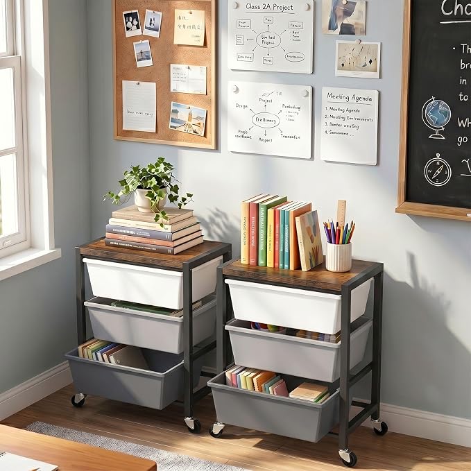 Rolling Cart with 3 Drawers, Plastic Drawer Storage Carts with Lockable Wheels & Wooden Tabletop, Metal Art Craft Utility Cart Organizer for Home Office Bedroom Dorm Bedside Classroom, Dark Gray - Image 6