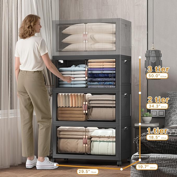 504QT Stackable Storage Bins with Lids, Doors & Wheels | Closet Organizers and Storage Cabinet , Lockable Plastic Foldable Drawers for Bedroom Dorm Office Garage（168QT*3,Black） - Image 2