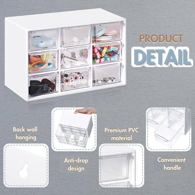 Rtteri 9 Pieces Mini Drawer Organizer Plastic Desktop Storage Box Desk Craft Organizer with 9 Clear Drawers for Office Home Jewelry Small Parts Belongings Cosmetics Collection, Wall Mounted (White) - Image 4